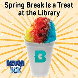Image of a rainbow colored snow cone with the library logo on cup